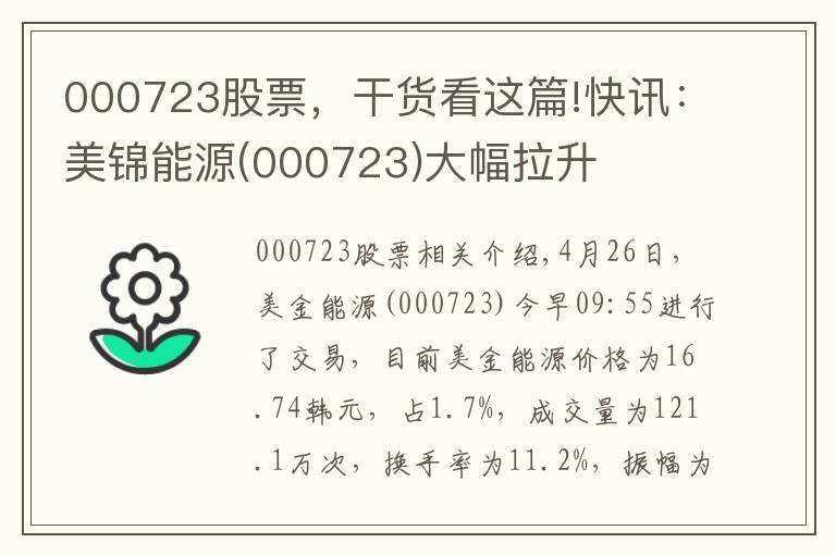 000723股票，干货看这篇!快讯：美锦能源(000723)大幅拉升
