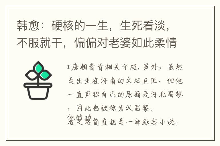 韩愈：硬核的一生，生死看淡，不服就干，偏偏对老婆如此柔情