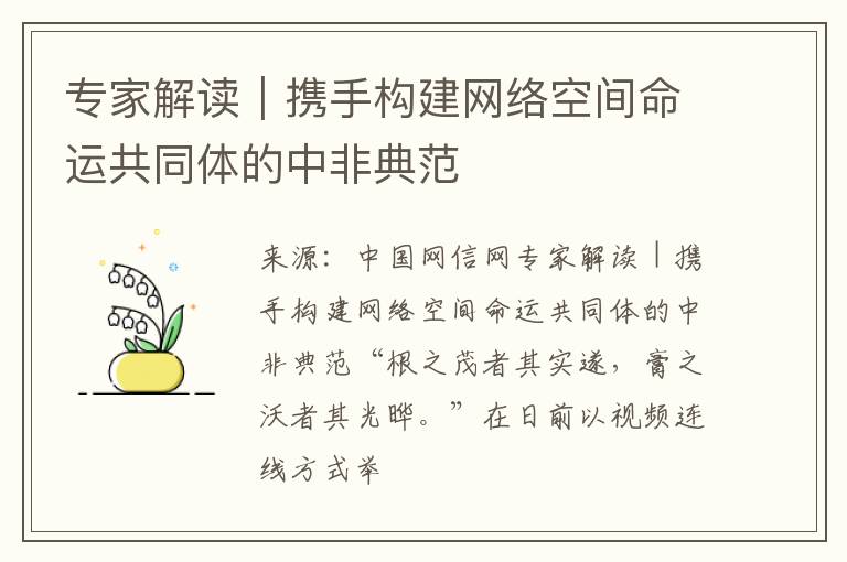 专家解读|携手构建网络空间命运共同体的中非典范