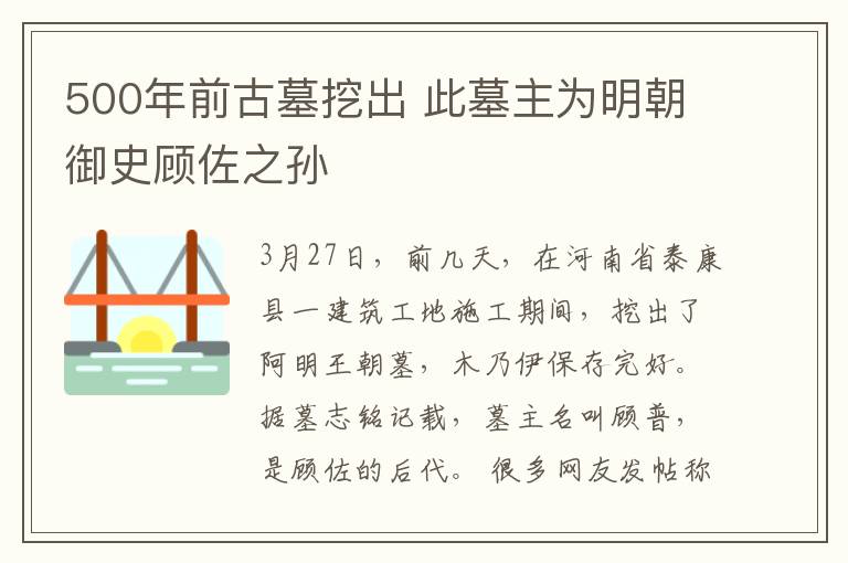 500年前古墓挖出 此墓主为明朝御史顾佐之孙