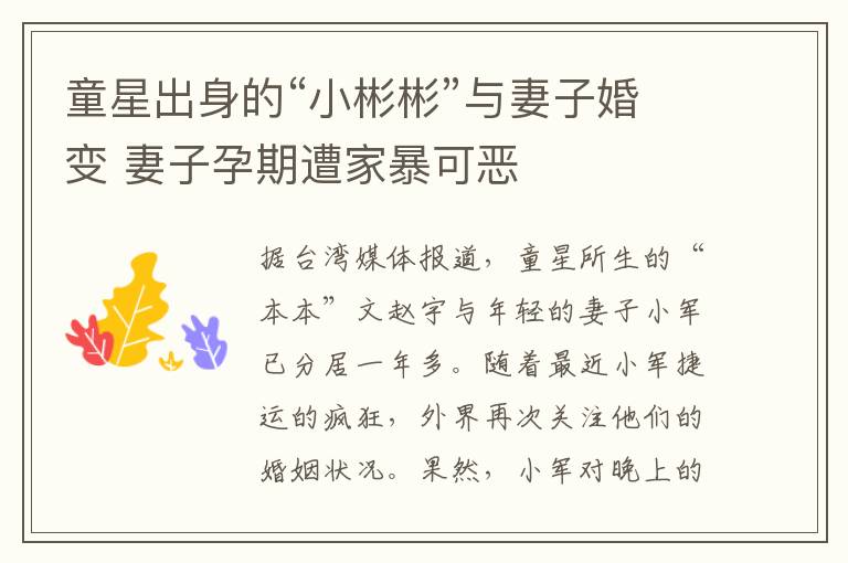 童星出身的“小彬彬”与妻子婚变 妻子孕期遭家暴可恶