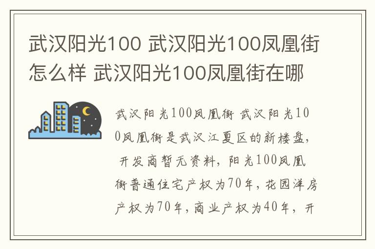 武汉阳光100 武汉阳光100凤凰街怎么样 武汉阳光100凤凰街在哪