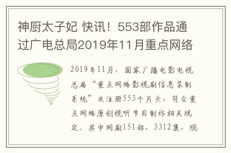 神厨太子妃 快讯!553部作品通过广电总局2019年11月重点网络影视剧拍摄备案