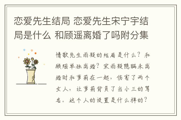 恋爱先生结局 恋爱先生宋宁宇结局是什么 和顾遥离婚了吗附分集剧情介绍