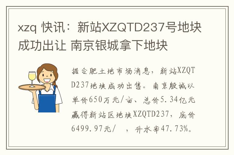 xzq 快讯:新站XZQTD237号地块成功出让 南京银城拿下地块