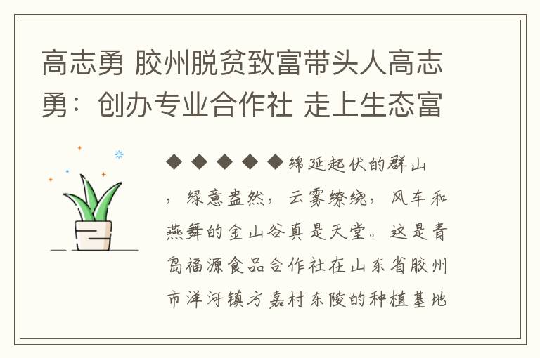 高志勇 胶州脱贫致富带头人高志勇:创办专业合作社 走上生态富民路