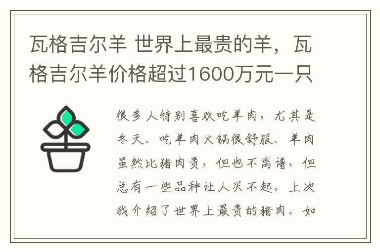 瓦格吉尔羊 世界上最贵的羊，瓦格吉尔羊价格超过1600万元一只