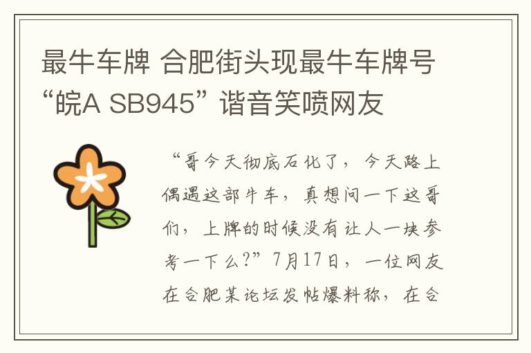 最牛车牌 合肥街头现最牛车牌号“皖A SB945” 谐音笑喷网友