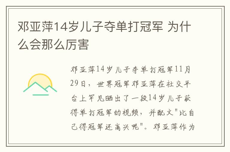 邓亚萍14岁儿子夺单打冠军 为什么会那么厉害