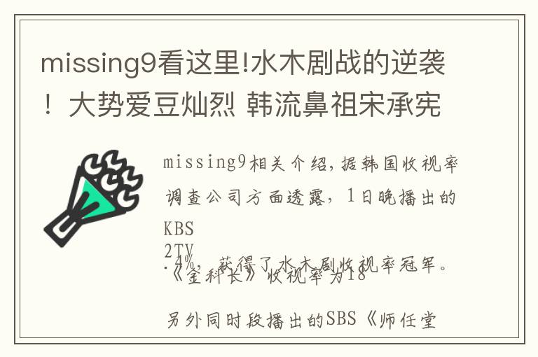 missing9看这里!水木剧战的逆袭!大势爱豆灿烈 韩流鼻祖宋承宪 李英爱竟不敌他