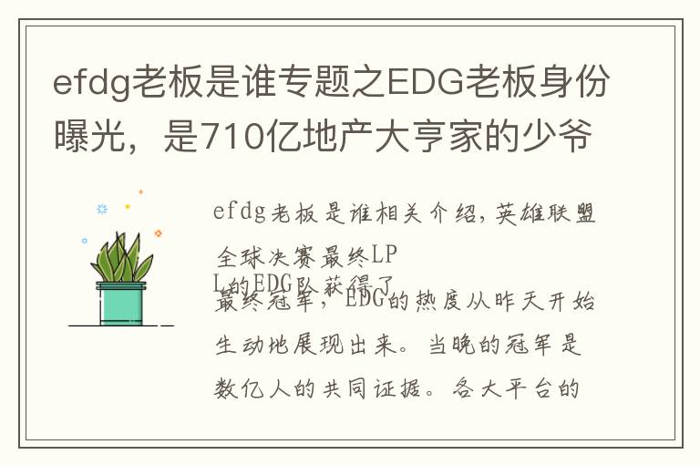 efdg老板是谁专题之EDG老板身份曝光,是710亿地产大亨家的少爷,赢了比赛直接送房子