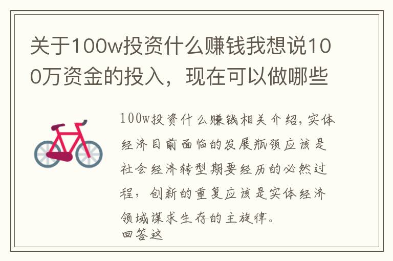 关于100w投资什么赚钱我想说100万资金的投入，现在可以做哪些见效快、有前景的实体项目？