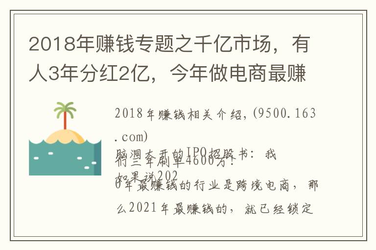 2018年赚钱专题之千亿市场,有人3年分红2亿,今年做电商最赚钱的就是它了
