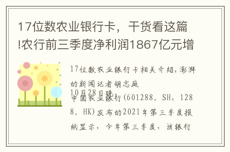 17位数农业银行卡，干货看这篇!农行前三季度净利润1867亿元增12.93%，不良率微降