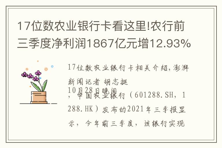 17位数农业银行卡看这里!农行前三季度净利润1867亿元增12.93%，不良率微降