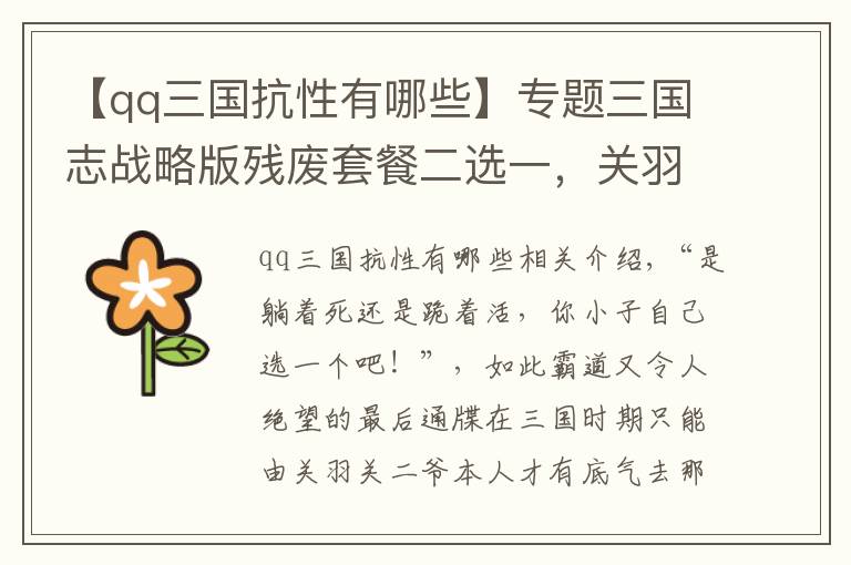 【qq三国抗性有哪些】专题三国志战略版残废套餐二选一，关羽不愧威震华夏的武圣