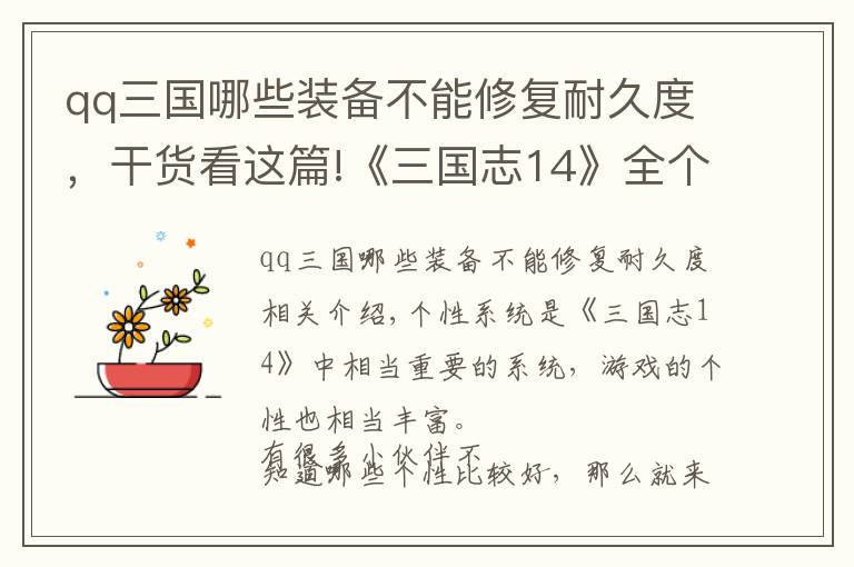 qq三国哪些装备不能修复耐久度,干货看这篇!《三国志14》全个性个人向评级分享
