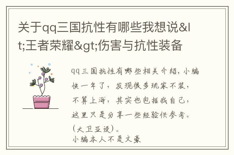 关于qq三国抗性有哪些我想说<王者荣耀>伤害与抗性装备的选择 你的英雄防御装备如何选