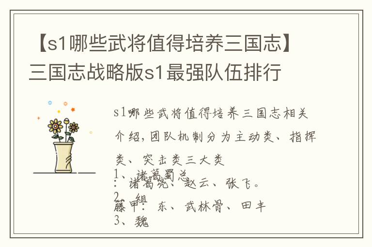 【s1哪些武将值得培养三国志】三国志战略版s1最强队伍排行