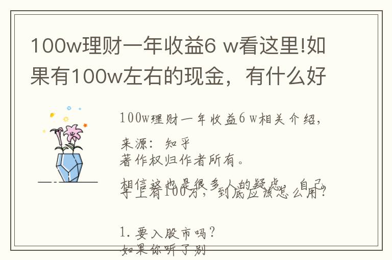 100w理财一年收益6 w看这里!如果有100w左右的现金，有什么好的理财方式？
