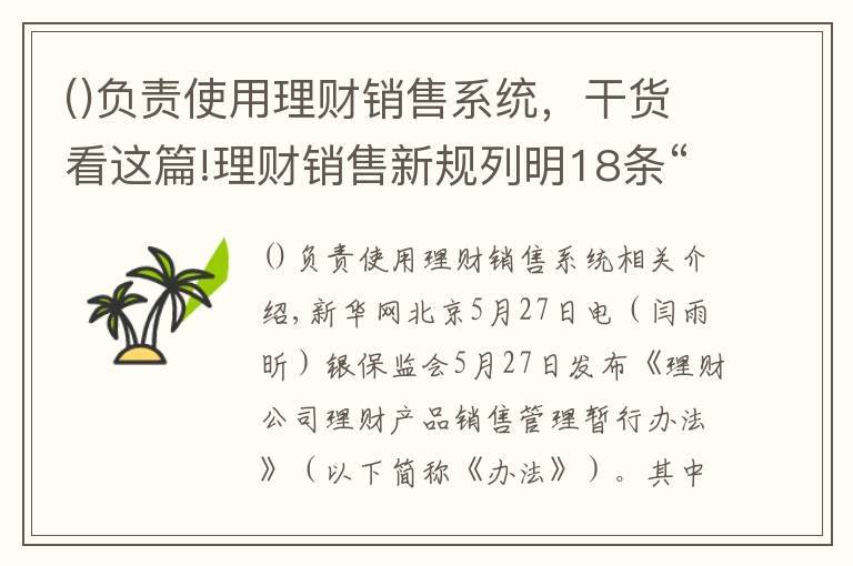 负责使用理财销售系统，干货看这篇!理财销售新规列明18条“禁令”：卖理财，勿越此线