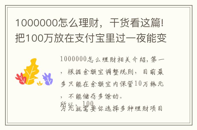 1000000怎么理财,干货看这篇!把100万放在支付宝里过一夜能变成多少?