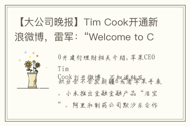【大公司晚报】Tim Cook开通新浪微博,雷军:“Welcome to China”