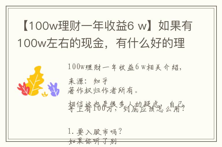 【100w理财一年收益6 w】如果有100w左右的现金,有什么好的理财方式?