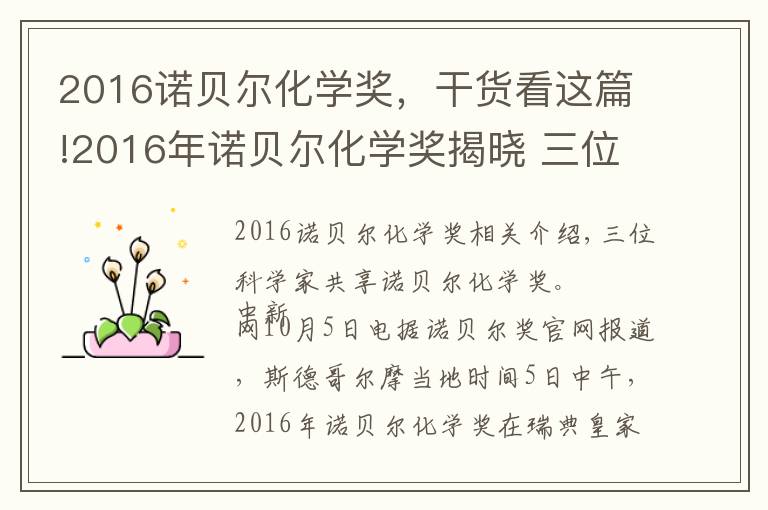 2016诺贝尔化学奖,干货看这篇!2016年诺贝尔化学奖揭晓 三位科学家分享奖项