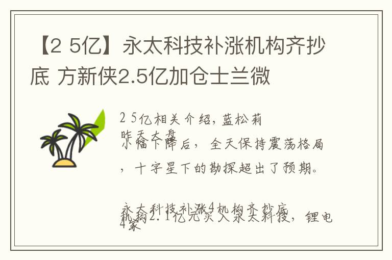 【2 5亿】永太科技补涨机构齐抄底 方新侠2.5亿加仓士兰微
