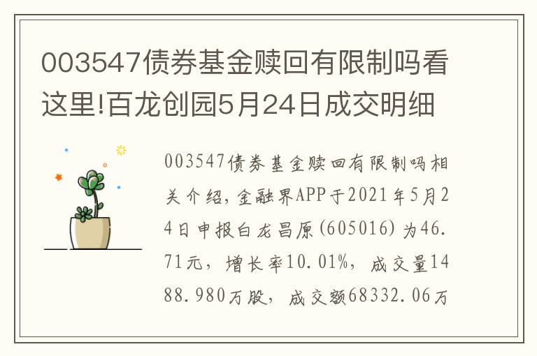 003547债券基金赎回有限制吗看这里!百龙创园5月24日成交明细