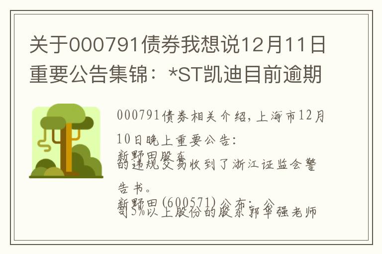 关于000791债券我想说12月11日重要公告集锦:*ST凯迪目前逾期债务共计93.84亿元