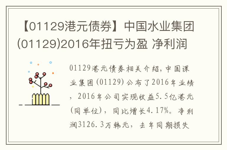 【01129港元债券】中国水业集团(01129)2016年扭亏为盈 净利润3126.3万元