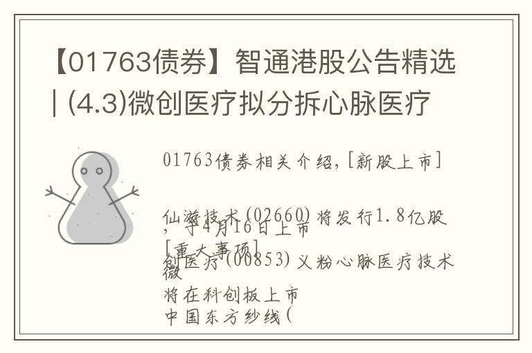 【01763债券】智通港股公告精选︱(4.3)微创医疗拟分拆心脉医疗科技于科创板上市
