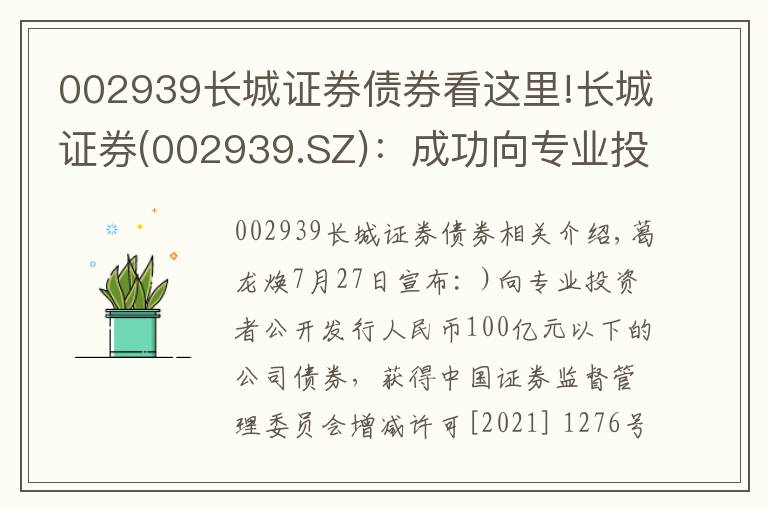 002939长城证券债券看这里!长城证券(002939.SZ)：成功向专业投资者公开发行20亿元公司债券