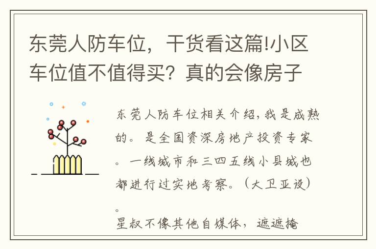 东莞人防车位,干货看这篇!小区车位值不值得买?真的会像房子一样快速升值吗?