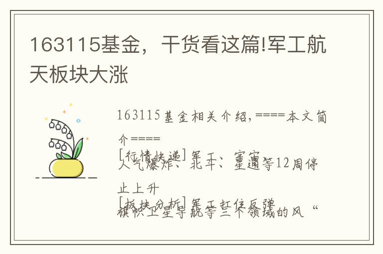 163115基金,干货看这篇!军工航天板块大涨