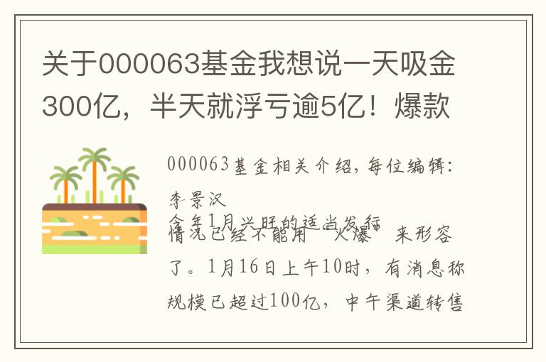 关于000063基金我想说一天吸金300亿，半天就浮亏逾5亿！爆款基金盘中跌停，9万人被套