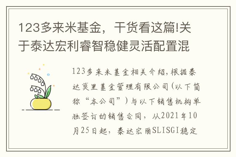 123多来米基金,干货看这篇!关于泰达宏利睿智稳健灵活配置混合型证券投资基金C类份额新增诺亚正行基金 销售有限公司等34家公司为销售机构的公告