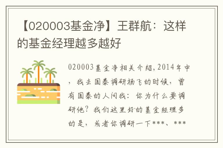 【020003基金净】王群航:这样的基金经理越多越好
