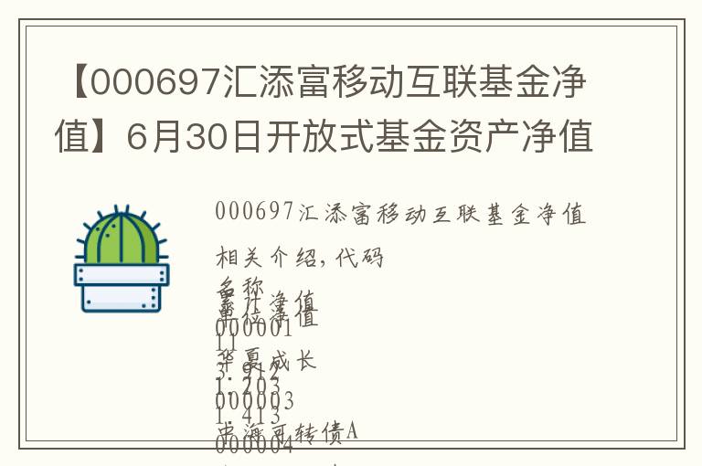 【000697汇添富移动互联基金净值】6月30日开放式基金资产净值日报表