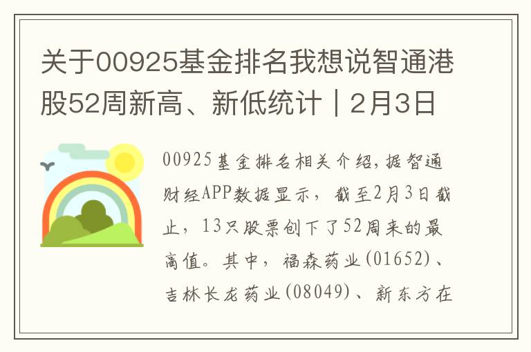 关于00925基金排名我想说智通港股52周新高、新低统计|2月3日
