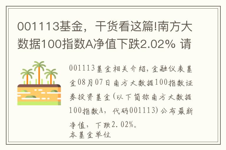 001113基金,干货看这篇!南方大数据100指数A净值下跌2.02% 请保持关注