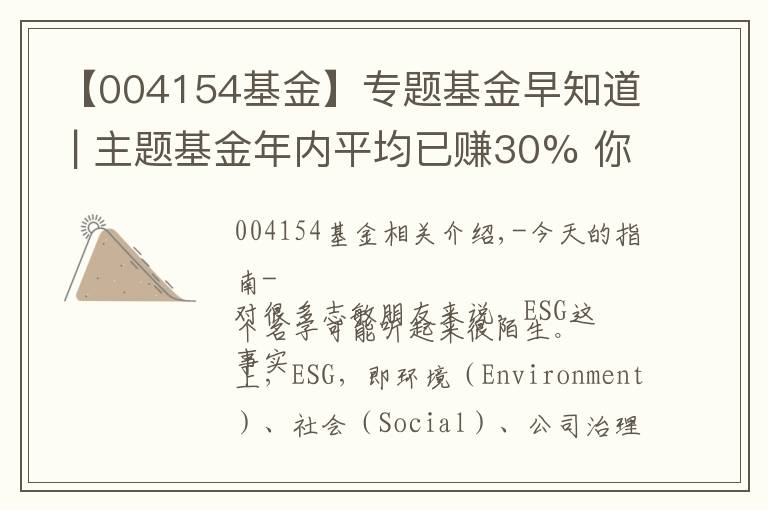 【004154基金】专题基金早知道 | 主题基金年内平均已赚30% 你知道啥是ESG吗？