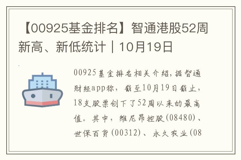 【00925基金排名】智通港股52周新高、新低统计|10月19日