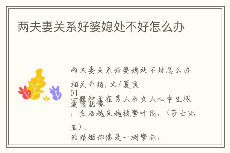 两夫妻关系好婆媳处不好怎么办