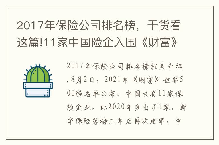 2017年保险公司排名榜,干货看这篇!11家中国险企入围《财富》世界500强:中再集团首次上榜 华夏保险跌出榜单
