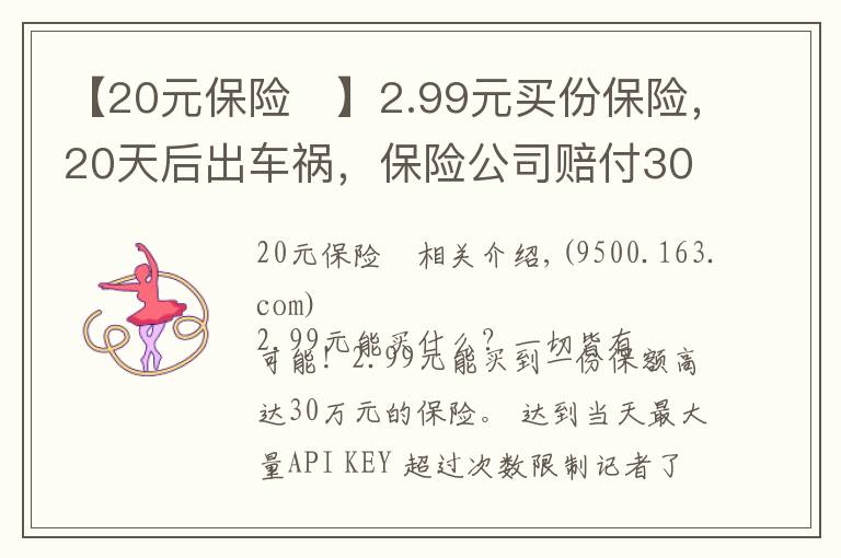 【20元保险	】2.99元买份保险，20天后出车祸，保险公司赔付30万！