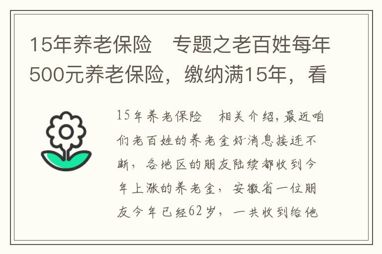 15年养老保险 专题之老百姓每年500元养老保险，缴纳满15年，看看每月领取多少？