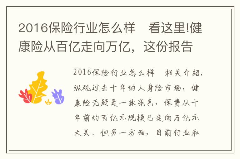 2016保险行业怎么样 看这里!健康险从百亿走向万亿,这份报告告诉你专业化道路如何引领行业走向3.0时代